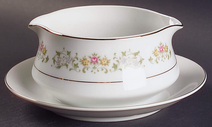 Petit Fleur (Gold Trim) Round Gravy Boat/Attached Underplate by Rose (Japan)-1