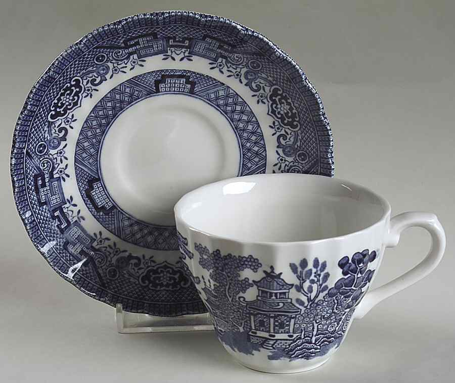 Blue Willow (Swirl Rim, England) Flat Cup & Saucer Set by Royal Wessex-1