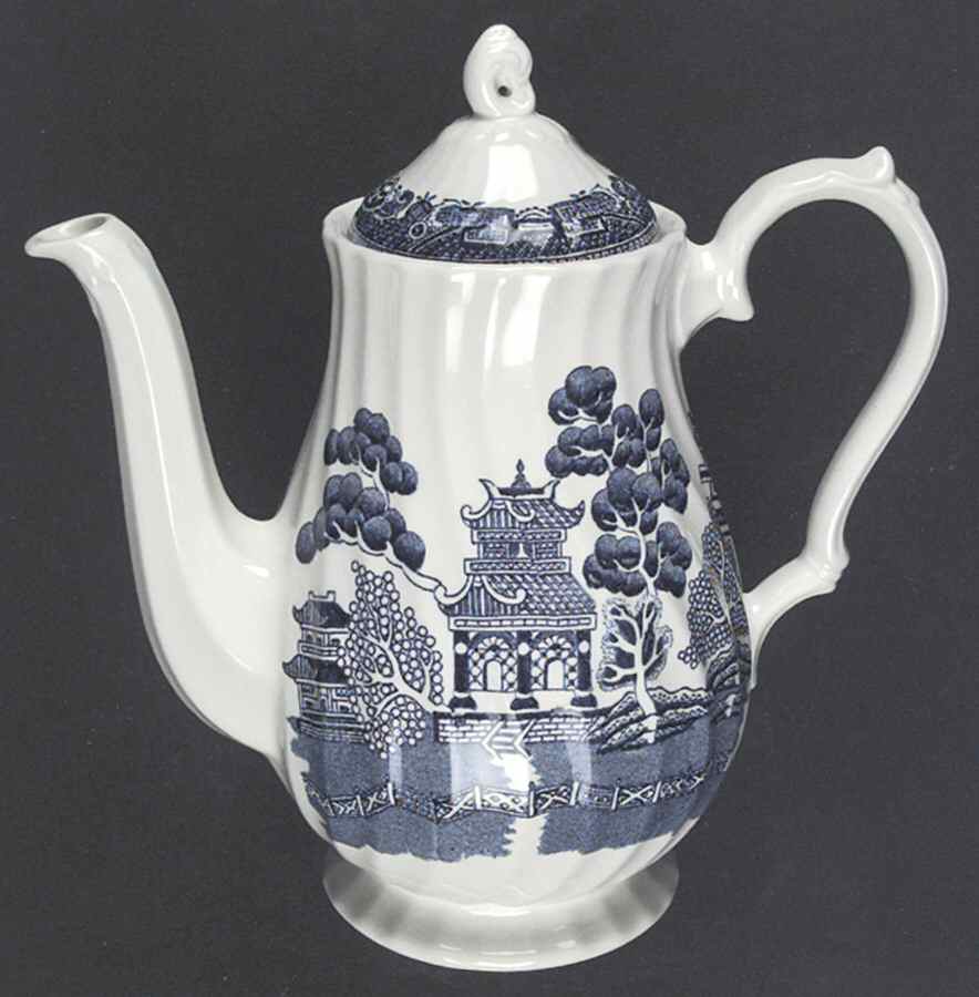 Blue Willow (Swirl Rim, England) Coffee Pot & Lid by Royal Wessex-1