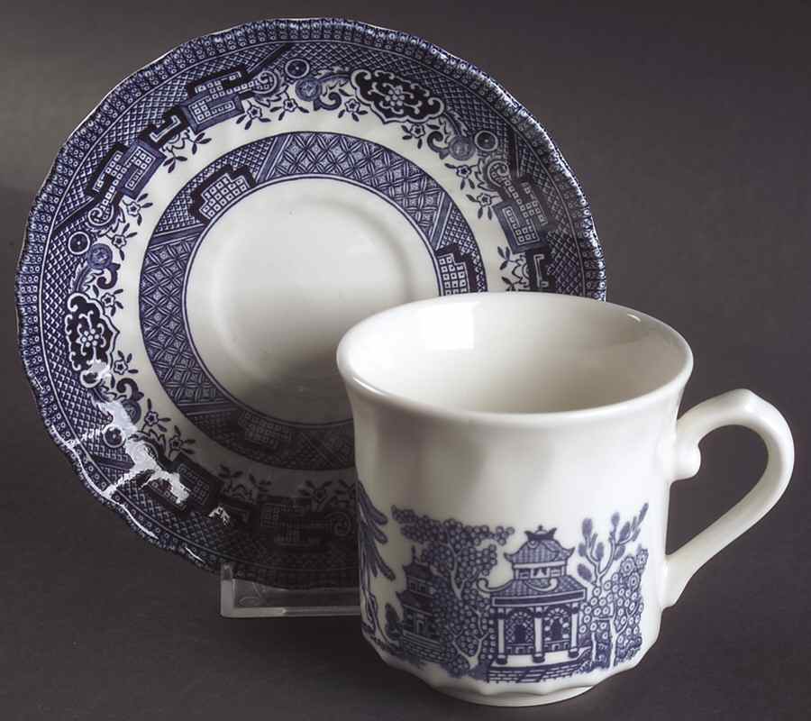 Blue Willow (Swirl Rim, England) Flat Cup & Saucer Set by Royal Wessex-1