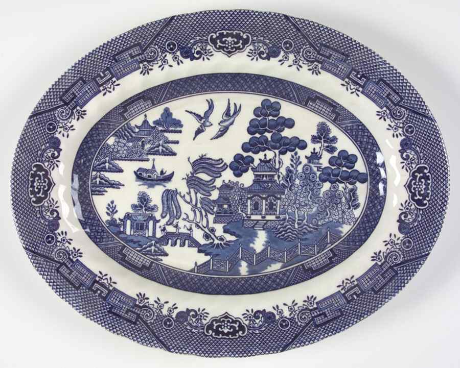 Blue Willow (Swirl Rim, England) 12" Oval Serving Platter by Royal Wessex-1