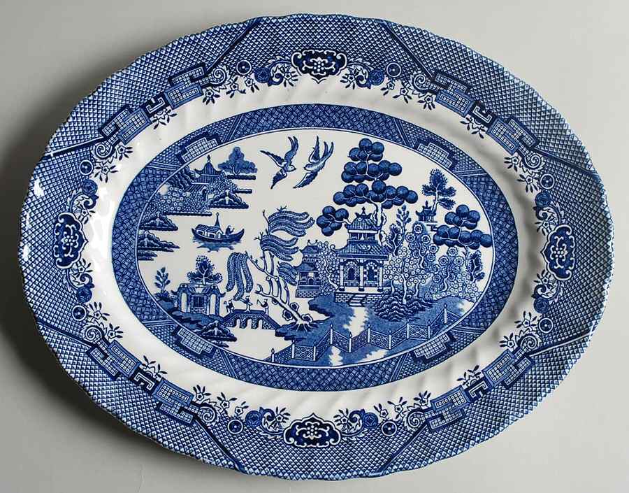 Blue Willow (Swirl Rim, England) 14" Oval Serving Platter by Royal Wessex-1