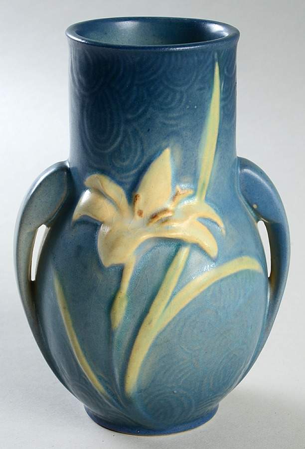 Zephyr Lily Bermuda Blue 6" Handled Vase by Roseville-1