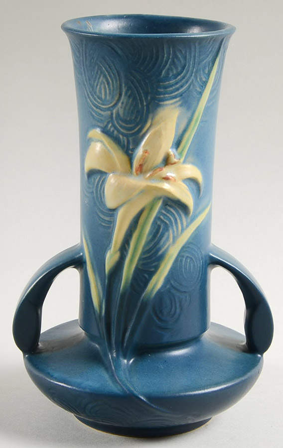 Zephyr Lily Bermuda Blue 7" Handled Vase by Roseville-1