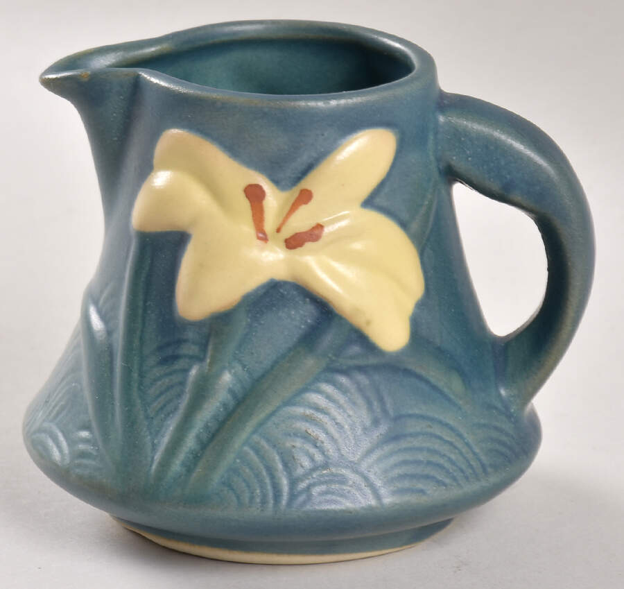 Zephyr Lily Bermuda Blue Creamer by Roseville-1