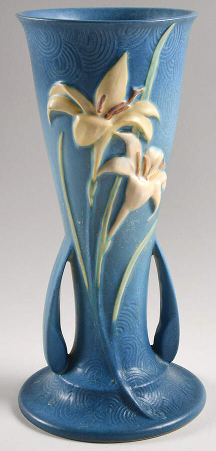 Zephyr Lily Bermuda Blue 12" Handled Vase by Roseville-1