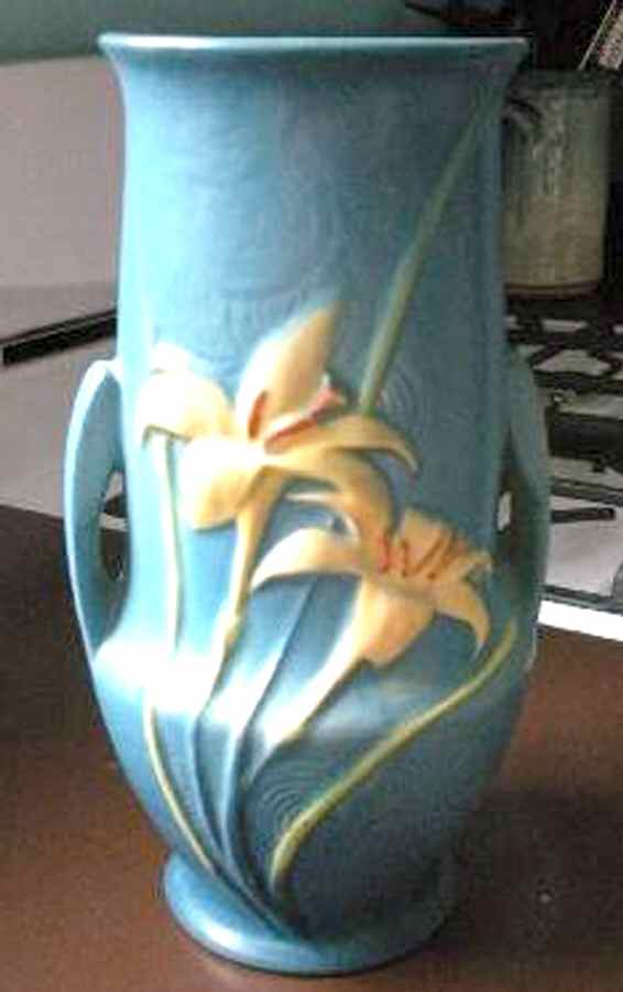 Zephyr Lily Bermuda Blue 10" Handled Vase by Roseville-1