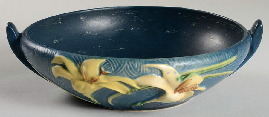 Zephyr Lily Bermuda Blue Round Handled Bowl by Roseville-1