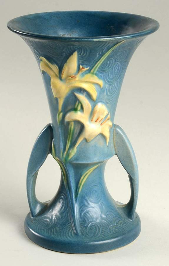Zephyr Lily Bermuda Blue 7" Handled Vase by Roseville-1