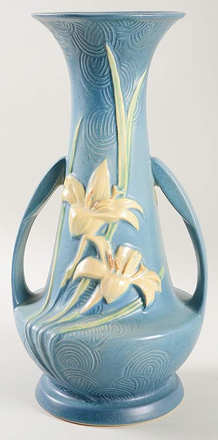 Zephyr Lily Bermuda Blue 12" Handled Vase by Roseville-1