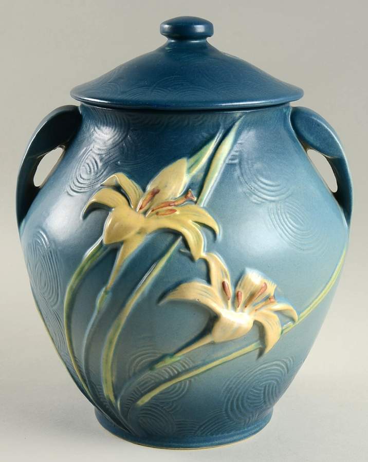 Zephyr Lily Bermuda Blue Cookie Jar & Lid by Roseville-1