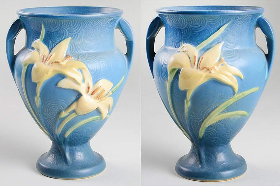 Zephyr Lily Bermuda Blue 8" Footed Vase by Roseville-1