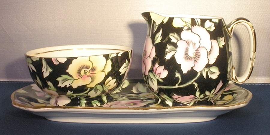 May Festival Black Creamer & Open Sugar with Tray by Royal Winton-1
