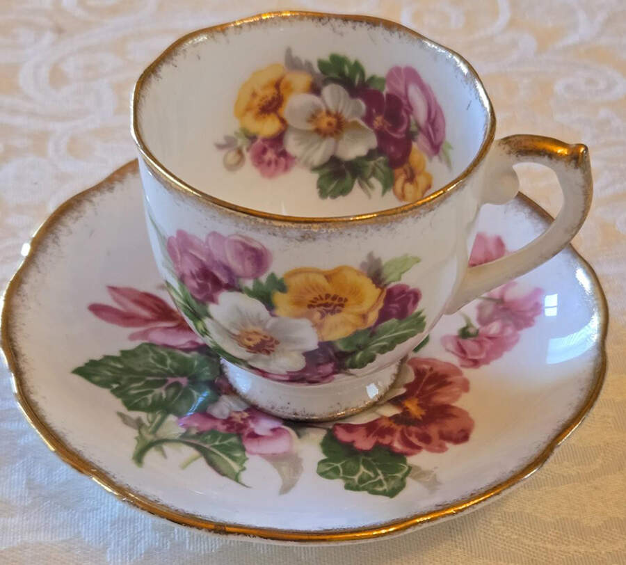 Summer Beauty (Gold Brushed Edge) Demitasse Cup & Saucer Set by Roslyn (England)-1