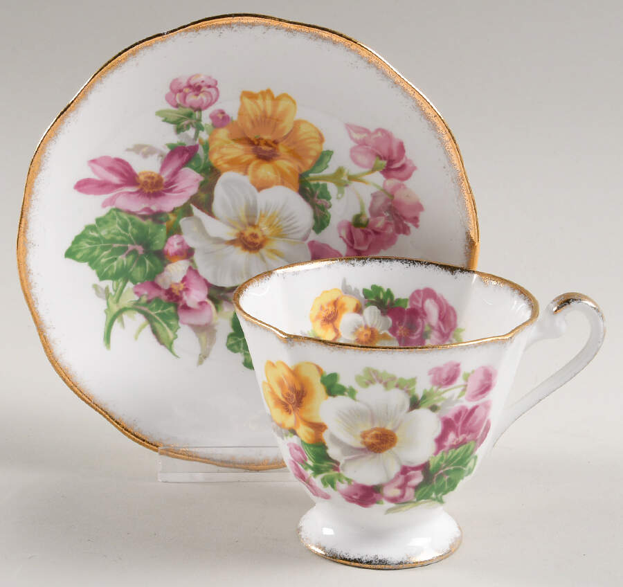 Summer Beauty (Gold Brushed Edge) Footed Cup & Saucer Set by Roslyn (England)-1