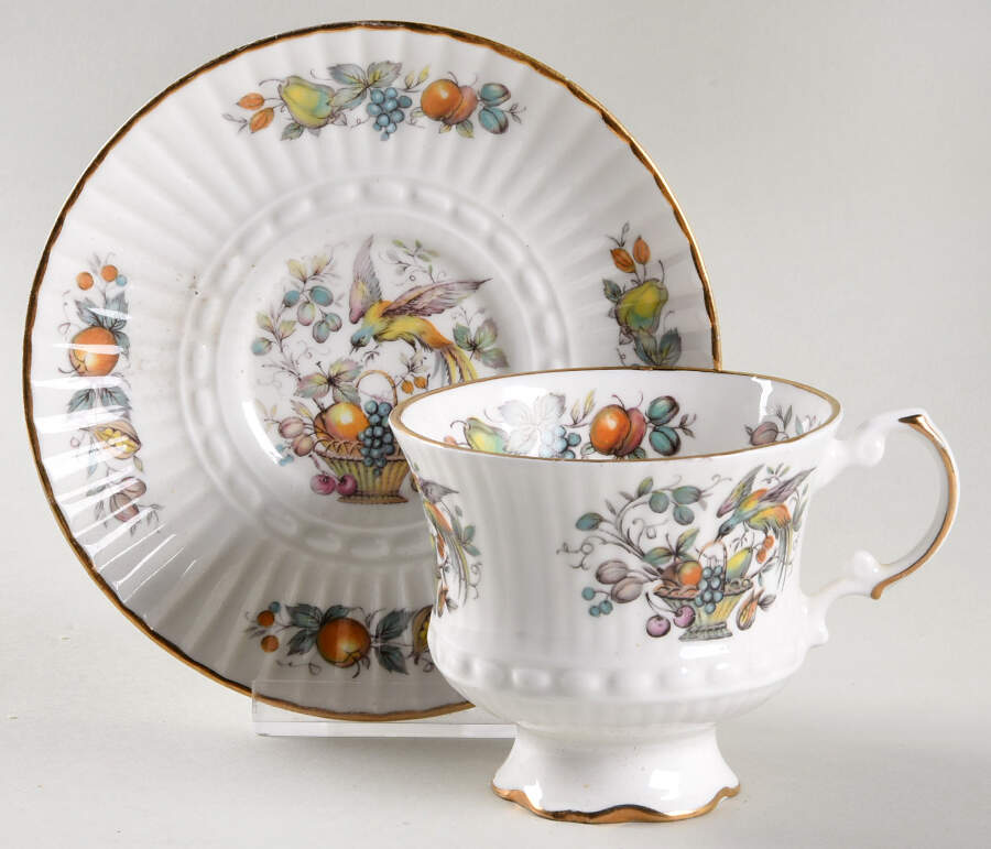 Bird and Fruit Footed Cup & Saucer Set by Royal Tara-1
