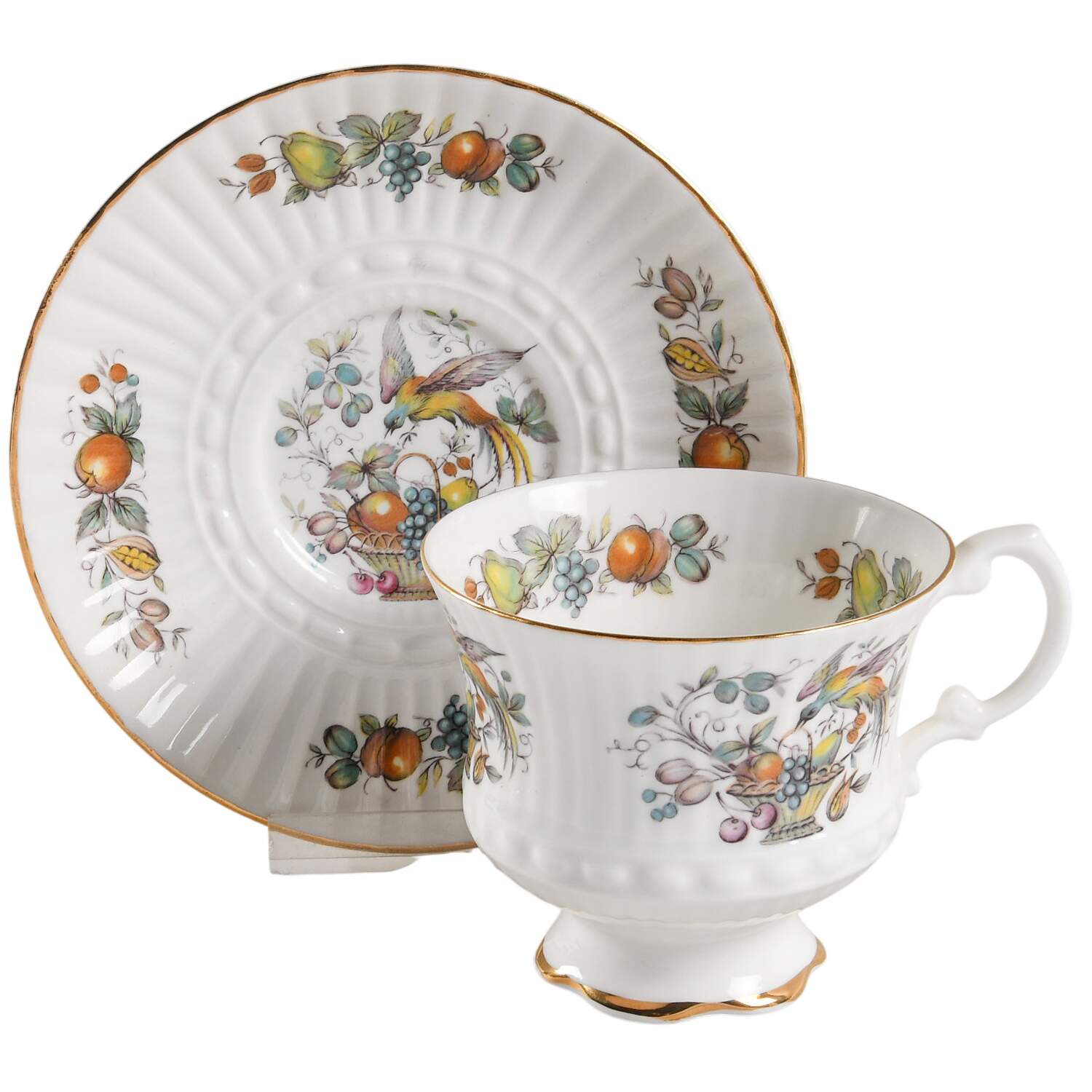 Bird and Fruit Footed Cup & Saucer Set by Royal Tara-1