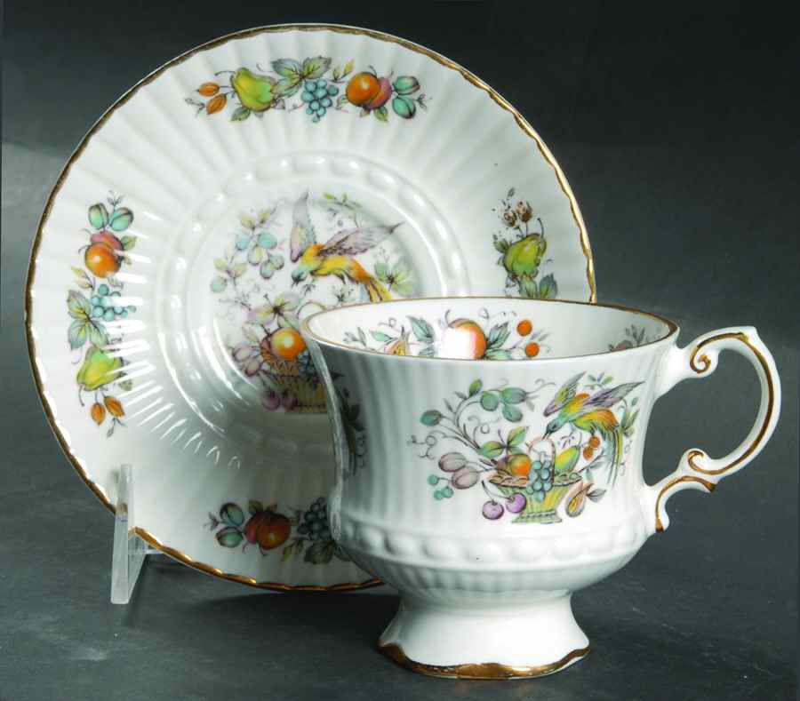 Bird and Fruit Footed Cup & Saucer Set by Royal Tara-1