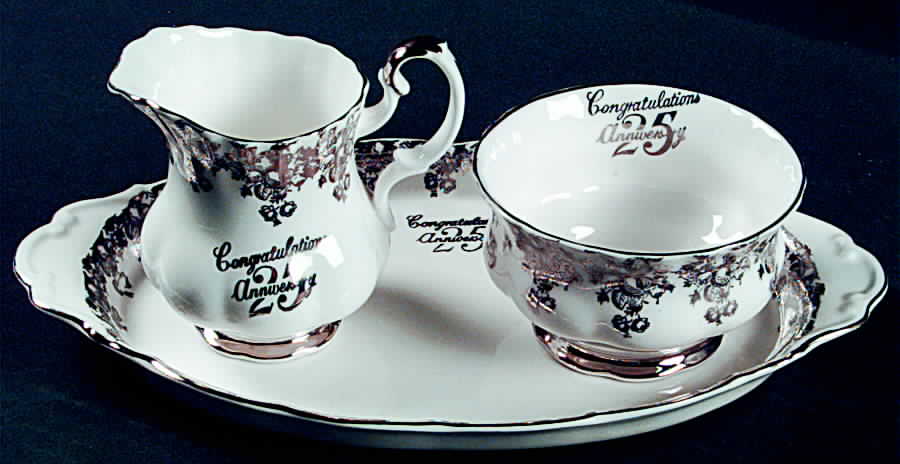 Anniversary Platinum Mini Creamer & Open Sugar with Tray by Royal Albert-1
