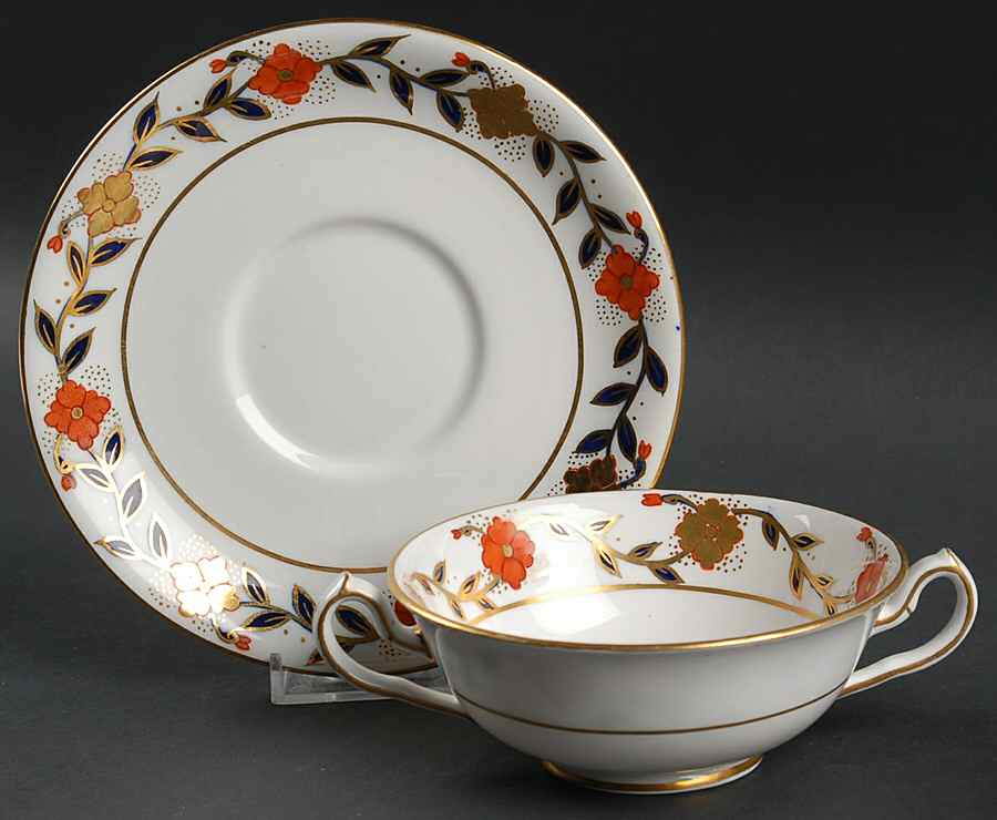 Asian Rose Footed Cream Soup Bowl & Saucer Set by Royal Crown Derby-1
