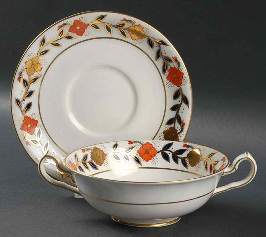 Asian Rose Footed Cream Soup Bowl & Saucer Set by Royal Crown Derby-1