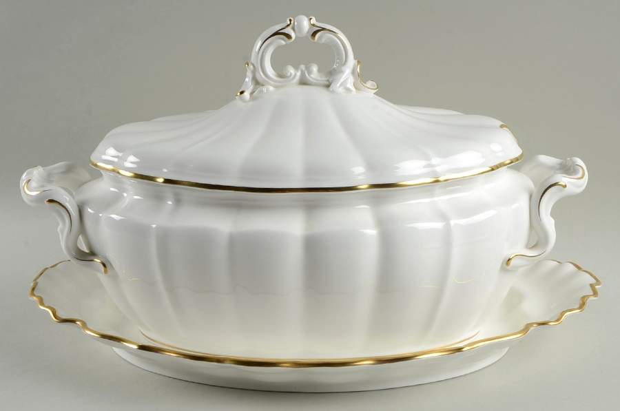 White & Gold Oval Tureen & Lid with Underplate by Royal Worcester-1