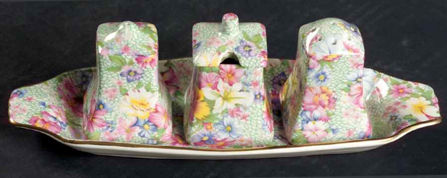 Marion (Earthenware, Circa 1995) Salt & Pepper, Mustard with Lid & Tray by Royal Winton-1