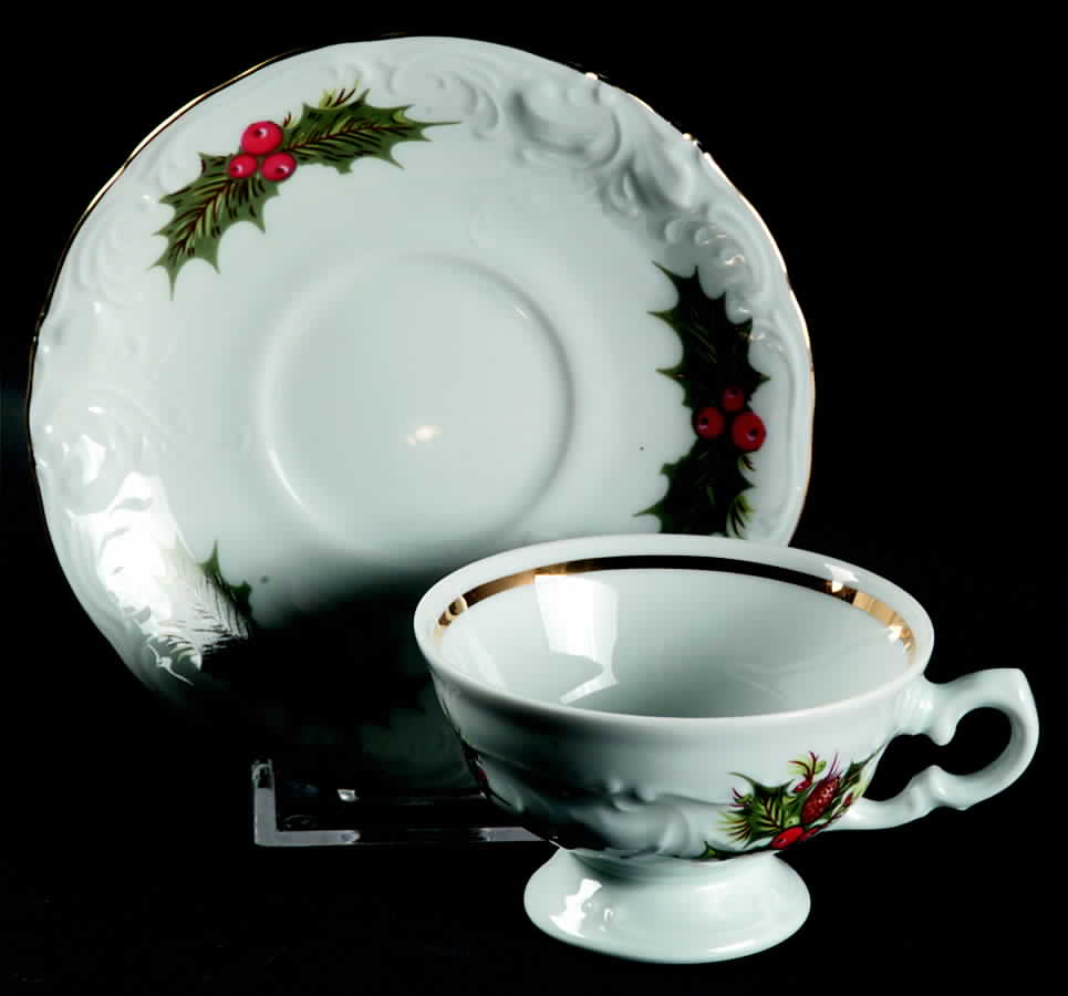 Holiday Holly Footed Demitasse Cup & Saucer Set by Royal Kent (Poland)-1