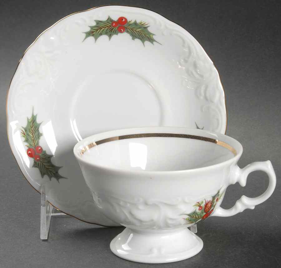 Holiday Holly Footed Cup & Saucer Set by Royal Kent (Poland)-1