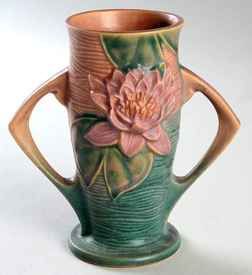 Water Lily Pink Green 6" Handled Vase by Roseville-1