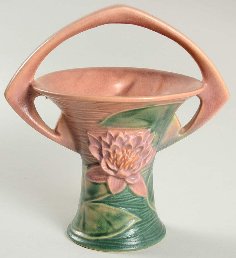 Water Lily Pink Green 8" Handled Basket by Roseville-1