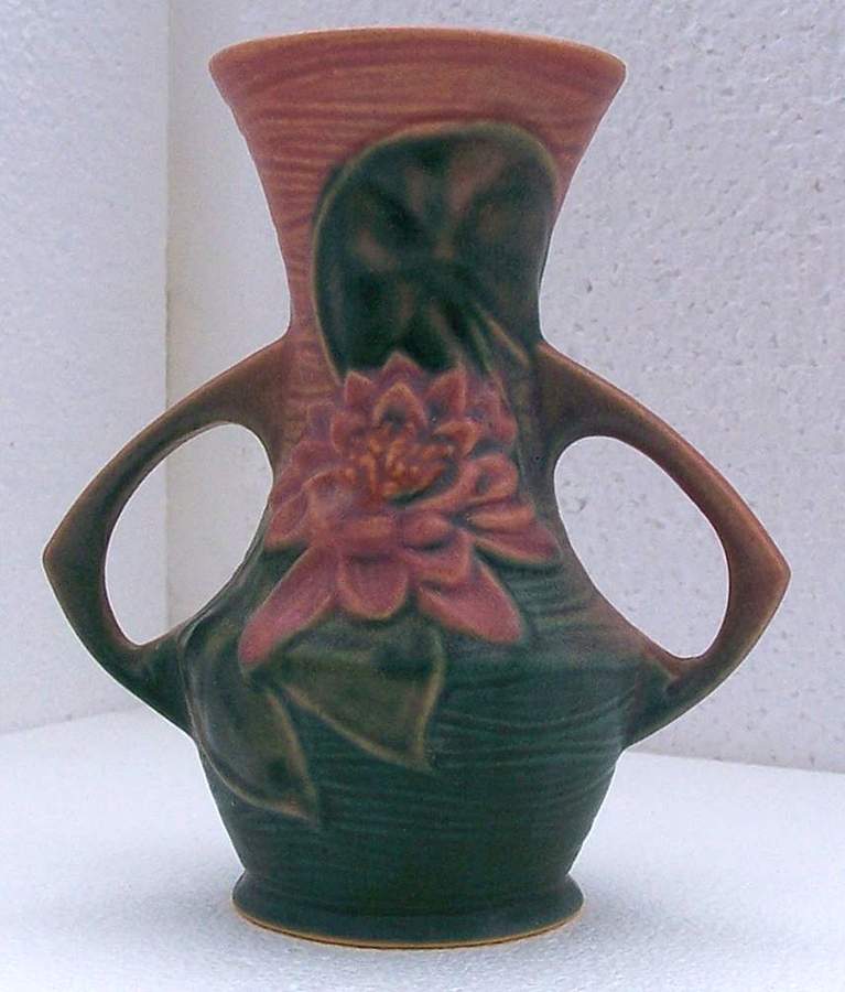 Water Lily Pink Green 6" Handled Vase by Roseville-1