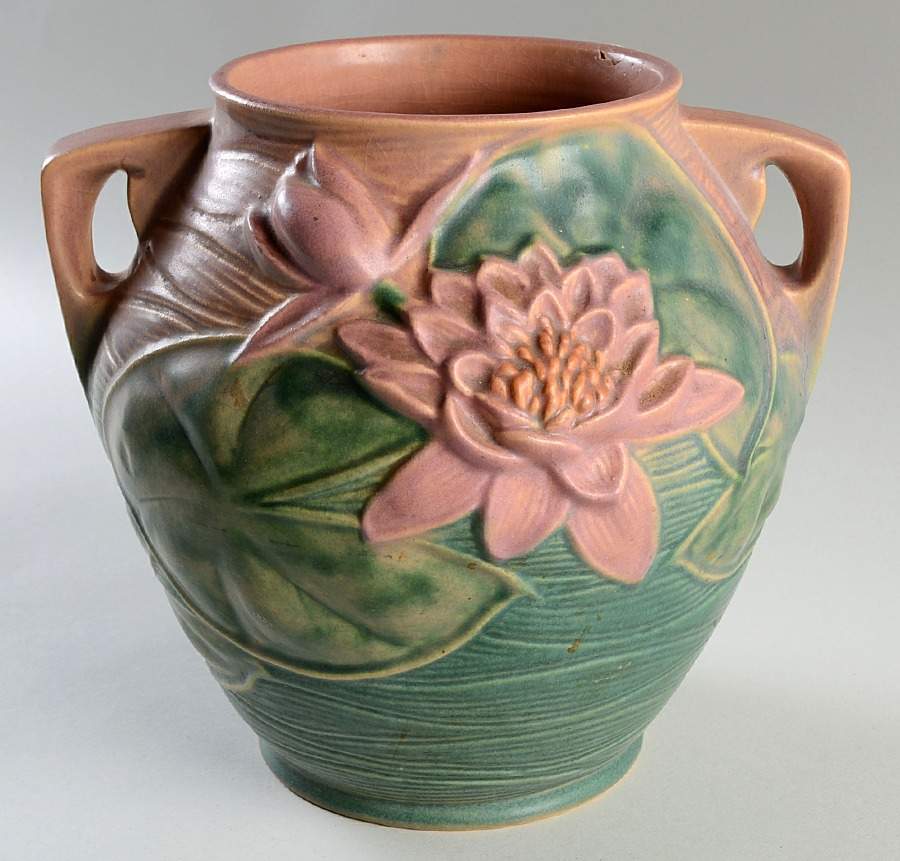 Water Lily Pink Green Cookie Jar No Lid by Roseville-1