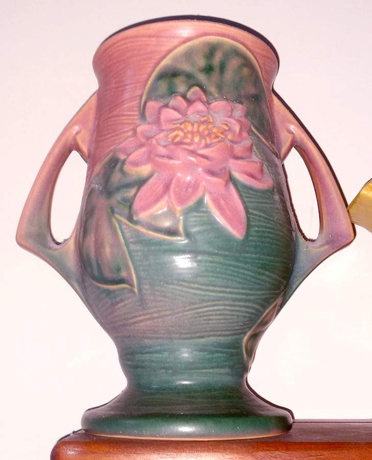 Water Lily Pink Green 9" Handled Vase by Roseville-1