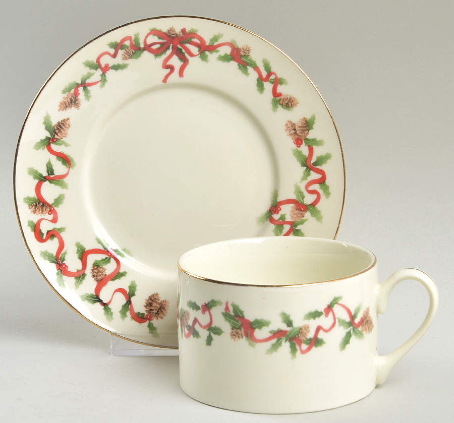 Holiday Ribbons Flat Cup & Saucer Set by Retroneu-1