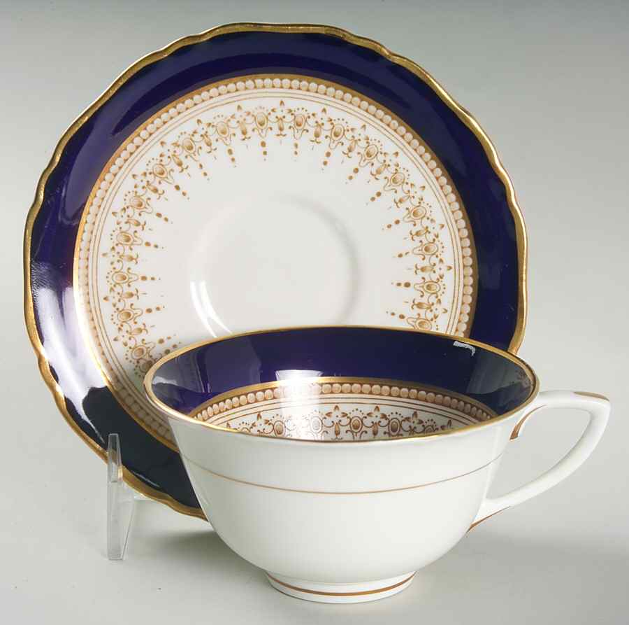 Regency Cobalt Blue (Cream Background) Footed Cup & Saucer Set by Royal Worcester-1
