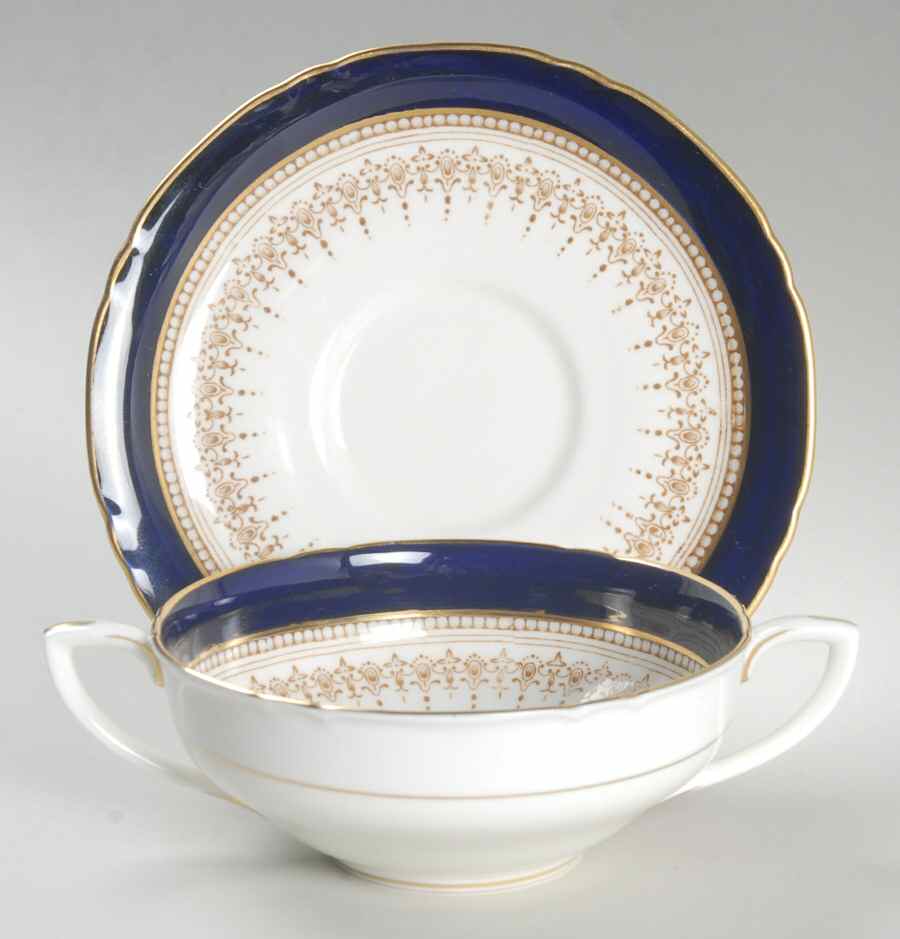 Regency Cobalt Blue (Cream Background) Flat Cream Soup Bowl & Saucer Set by Royal Worcester-1