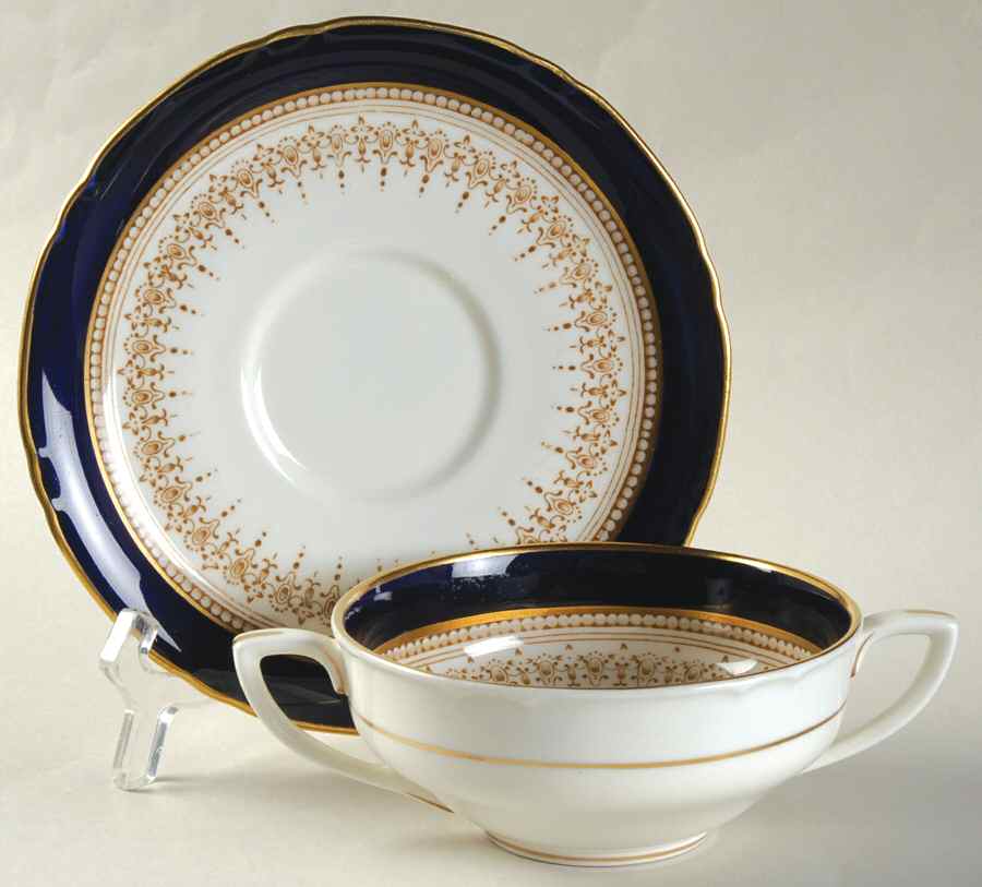 Regency Cobalt Blue (Cream Background) Flat Cream Soup Bowl & Saucer Set by Royal Worcester-1