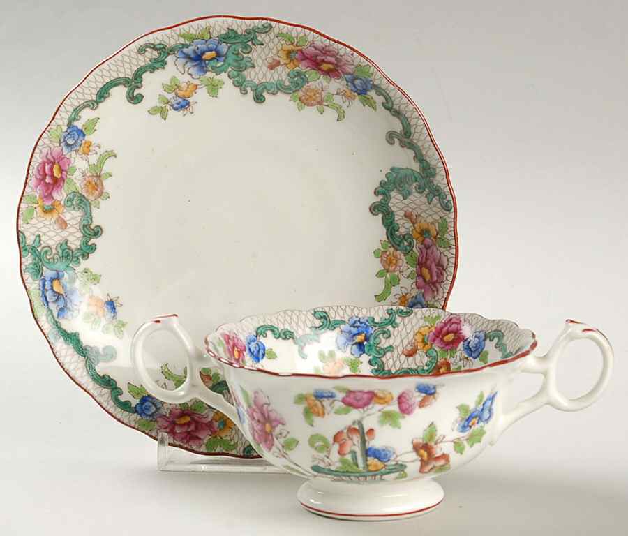Floradora (Red Trim, Scalloped) Footed Bouillon Cup & Saucer by Royal Cauldon-1