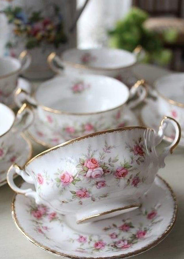 Victoriana Rose (Montrose Shape) Footed Cream Soup Bowl & Saucer Set by Royal Albert-1