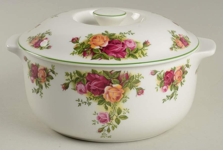 Old Country Roses White (Green Trim) 1.5 Qt Round Covered Casserole by Royal Albert-1