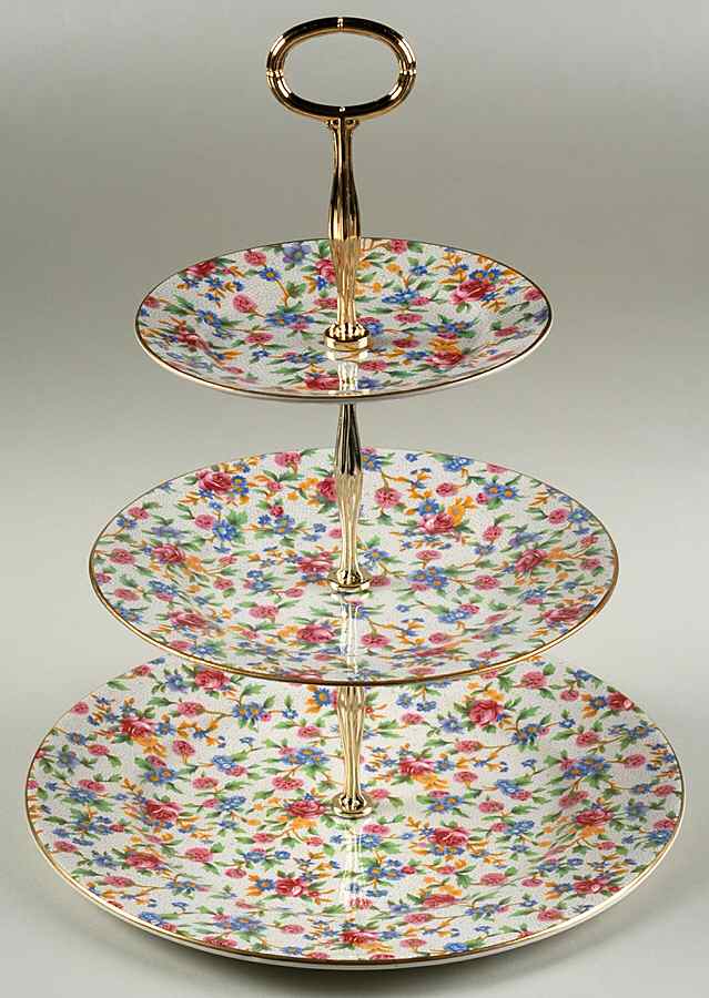 Old Cottage (Circa 1995, White) 3-Tiered Serving Tray (DP, SP, BB) by Royal Winton-1