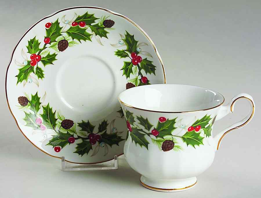 Noel (Holly Backstamp, Scalloped) Footed Cup & Saucer Set by Royal Grafton-1