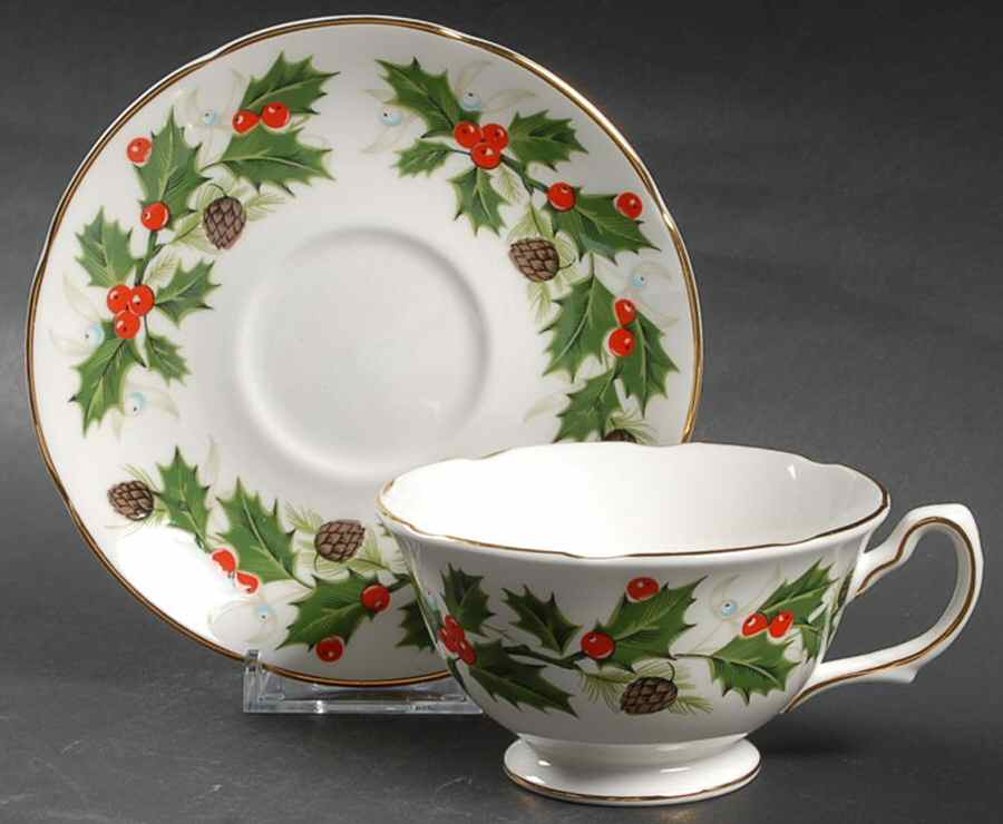 Noel (Holly Backstamp, Scalloped) Footed Cup & Saucer Set by Royal Grafton-1