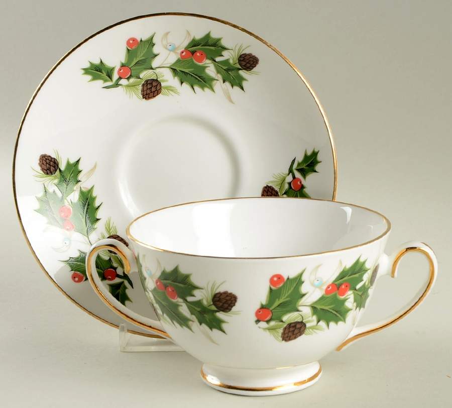 Noel  (Crown Backstamp, Smooth) Footed Cream Soup Bowl & Saucer Set by Royal Grafton-1