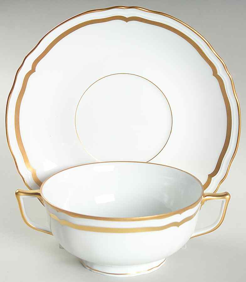 Marie Antoinette Gold on White Footed Cream Soup Bowl & Saucer Set by Raynaud-1