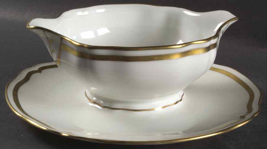 Marie Antoinette Gold on White Round Gravy Boat/Attached Underplate by Raynaud-1