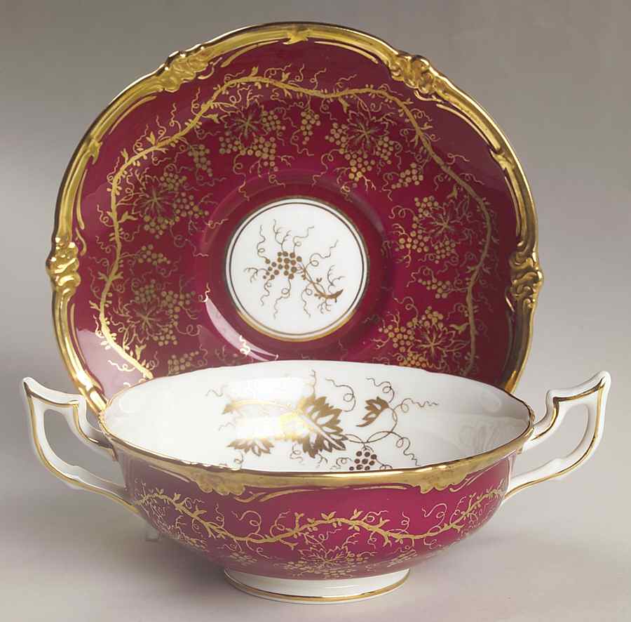 King's Plate Cranberry Footed Cream Soup Bowl & Saucer Set by Royal Cauldon-1