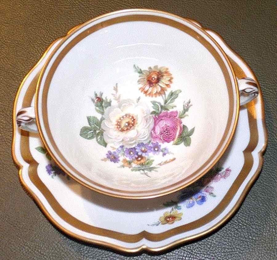 Floralies Footed Cream Soup Bowl & Saucer Set by Royale (France)-1