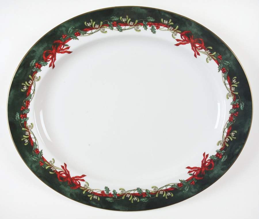 Holly Ribbons Green 16" Oval Serving Platter by Royal Worcester-1